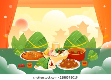 Family gathering for dinner on Dragon Boat Festival, Chinese traditional festival, with plants and interior in the background, vector illustration