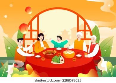 Family gathering for dinner on Dragon Boat Festival, Chinese traditional festival, with plants and interior in the background, vector illustration