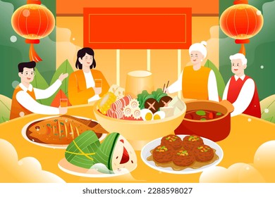 Family gathering for dinner on Dragon Boat Festival, Chinese traditional festival, with plants and interior in the background, vector illustration