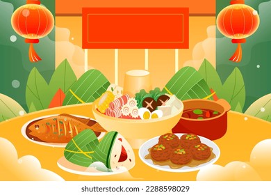 Family gathering for dinner on Dragon Boat Festival, Chinese traditional festival, with plants and interior in the background, vector illustration