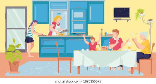 Family Gathering Generation, Dinner Grandsons, Grandmother And Mother, Cozy Kitchen Room Flat Vector Illustration, Isolated On White. Concept Daughter Cut Meal, Woman Cooking And Celebration Holiday.