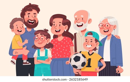 Family gathering, happy mom dad kids grandma and grandpa together. Vector illustration in flat style