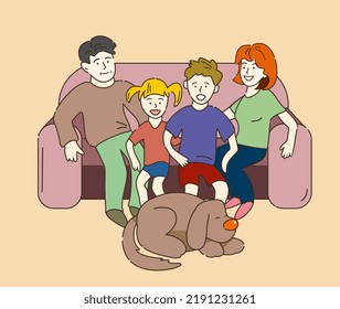 Family gathering. Happy family. Parents with kids and a dog. Family values. Traditional family. Daughter and son.