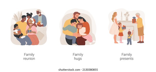 Family gathering isolated cartoon vector illustration set. Family reunion, relatives sit together in living room, giving hugs to each other, generations gathering, giving presents vector cartoon.