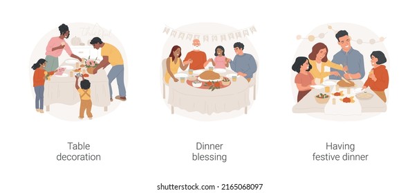 Family gathering isolated cartoon vector illustration set. Family decorate table for Thanksgiving Day celebration, festive dinner blessing, holding hands and praying at the table vector cartoon.