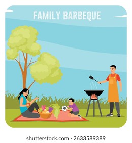 Family gathering in nature with barbecue grill and picnic. Depicting quality family time, outdoor recreation, and enjoying food together. Having picnic lunch concept.