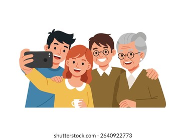 Family gathering taking selfie with phone together