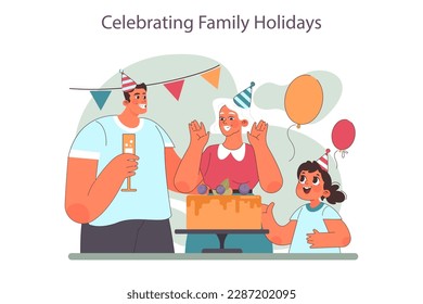 Family gatherings on holidays. Grandmother celebrates her birthday with family. An elderly woman blows out a candle on a cake. Fat vector illustration.