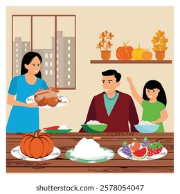 A family gathers around the table for a Thanksgiving celebration with traditional dishes, fall decorations, and a warm, festive atmosphere, enjoying seasonal feasts and quality time together. 