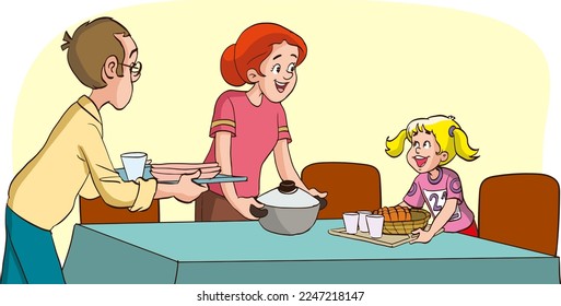 family gathers the dinner table together cartoon vector