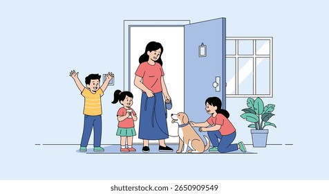 Uma família se reúne à porta aberta com seu cachorro animado para sair e brincar