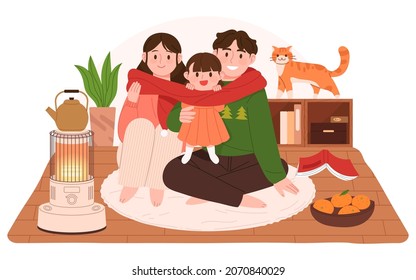 The Family Gathers Together In The Living Room And Is Smiling Happily. Concept Vector Illustration Of A Family Spending Warm And Happy Time At Home In Winter Season.