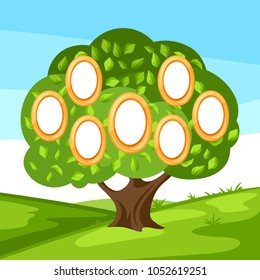 Family genealogical tree with portraits of relatives. Child, parents and grandparents.