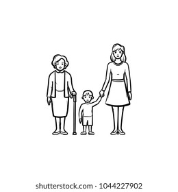 Family generation hand drawn outline doodle icon. Three generation of family - grandmother, mother and kid vector sketch illustration for print, mobile and infographics isolated on white background.