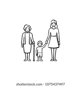 Family generation hand drawn outline doodle icon. Three generation of family - grandmother, mother and kid vector sketch illustration for print, mobile and infographics isolated on white background.