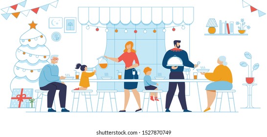 Las Generaciones Familiares Cena Nochebuena, Celebración Vacaciones de Invierno Tradiciones Vectoriales de moda Concepto. Nietos y padres con hijos que tienen una cena de vacaciones juntos en casa Ilustración