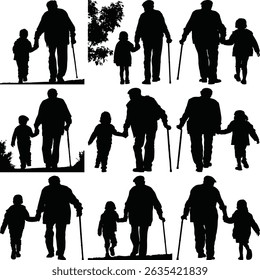 family, generations, grandparents, grandchildren, silhouettes, walking, elderly, children, outdoors, people, togetherness, bonding, nature, sunset, park, leisure, lifestyle, happiness, love, care, 