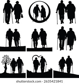 family, generations, grandparents, grandchildren, silhouettes, walking, elderly, children, outdoors, people, togetherness, bonding, nature, sunset, park, leisure, lifestyle, happiness, love, care, 
