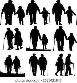 family, generations, grandparents, grandchildren, silhouettes, walking, elderly, children, outdoors, people, togetherness, bonding, nature, sunset, park, leisure, lifestyle, happiness, love, care, 