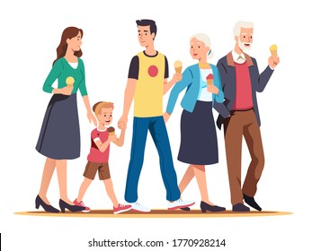 Family generations walk together. Amicable parents, grandparents couples and kid enjoying eating ice-cream, holding hands. People relaxing activity on a weekend. Flat vector character illustration