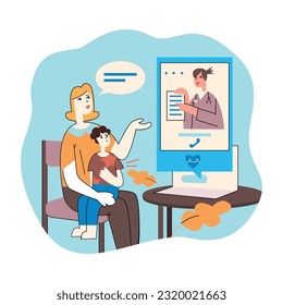 Family getting online medical consultation on laptop. Doctor providing modern healthcare service using video calls. Distance communication with therapist. Vector
