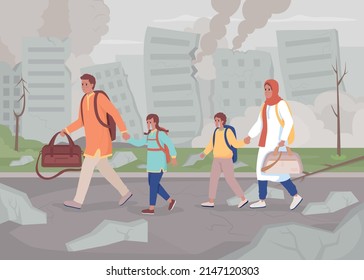 Family Getting Out Of War-torn City Flat Color Vector Illustration. Massive Destruction. Scared Family Running Away With Baggages 2D Simple Cartoon Characters With Cityscape On Background