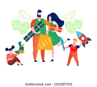 Family Getting Presents Flat Vector Illustration. Siblings Playing with Toys. Attractive Sales for Holidays, Birthday Gifts. Mother, Father, Son, Daughter Characters in Shopping Mall. Day Off