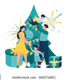 Familia preparándose para el nuevo año y la navidad, con el fondo de un árbol de navidad decorado y regalos, ilustración vectorial