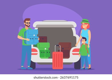 Family getting ready for road trip by loading their car with colorful suitcases and backpacks. Parents and child sharing smiles while organizing their luggage