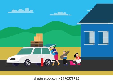 Familieneinstieg - Picknick machen oder 2D Flat Vektorillustration Concept ausziehen
