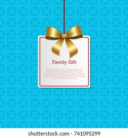 Family gift card hanging on knit label with tag place for your text vector illustration isolated on blue background with squares, holiday sales concept