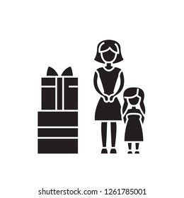 Family gifts black vector concept icon. Family gifts flat illustration, sign