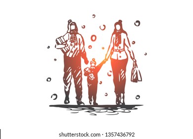 Family, gifts, Christmas, holiday, winter concept. Hand drawn happy family with Christmas gifts concept sketch. Isolated vector illustration.