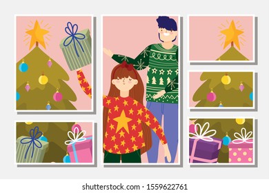 family with gifts trees decoration merry christmas, happy new year cards vector illustration family with gifts trees decoration merry christmas, happy new year cards vector illustration