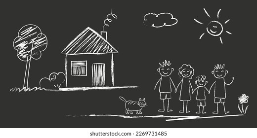 Family - girl and boy holding hands with mother and father, cat, car, bird, House, sun, clouds, flowers, summer day. doodles are drawn by a child's hand with chalk on asphalt or on a school board.
