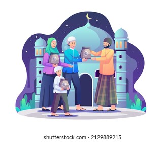 La Familia le da caridad a Zakat, una importante obligación islámica de donación y caridad en el Mes Santo Ramadan Kareem. Ilustración vectorial de estilo plano