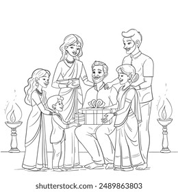 Familia dando regalos entre sí en diwali, ilustración de diwali, boceto de diwali, tema de diwali 