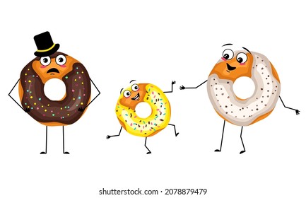 Family of glazed donut characters with joyful emotions, smile face, happy eyes, arms and legs. Mom is happy, dad is wearing hat and child is dancing. Vector flat illustration