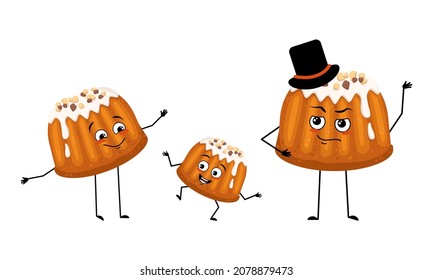 Family Of Glazed Muffin Characters With Joyful Emotions, Smile Face, Happy Eyes, Arms And Legs. Mom Is Happy, Dad Is Wearing Hat And Child Is Dancing. Vector Flat Illustration