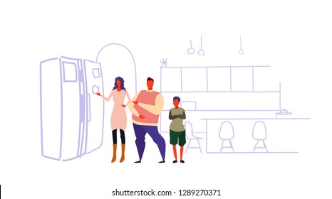 family glueing paper sheet on refrigerator door happy mother father and son looking sticky note reminder standing together modern kitchen interior sketch doodle horizontal