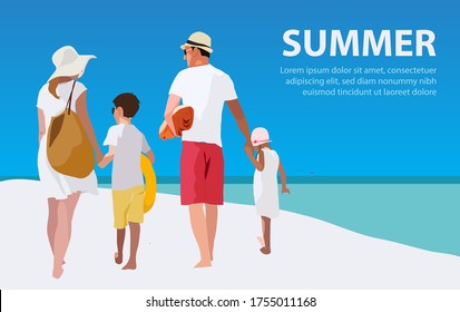 Family go to beach on summer day Illustration