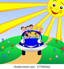 family go by rest in blue car,vector illustration