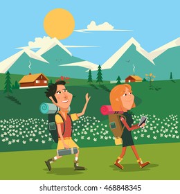 Family go to camping with backpacks. Cartoon colorful vector illustration