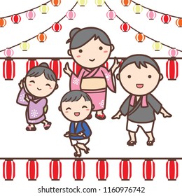 Family go to Japanese festival and dancing happily. They wear Japanese traditional Yukata.