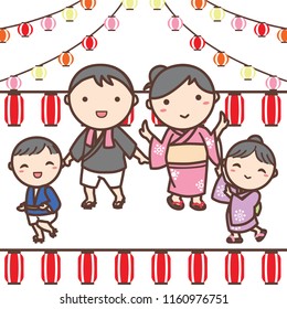 Family go to Japanese festival and dancing happily. They wear Japanese traditional Yukata.