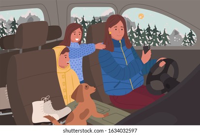 Family Go On Vacation Or Trip On Winter Holidays. Woman Drive Car On Road Through Forest. Mother, Kids And Dog Inside Vehicle. Lady Use Navigation On Phone To Get Destination. Vector Illustration