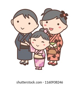 Family go summer festival together. They wear Japanese yukata. Yukata is Japanese summer traditional kimono.