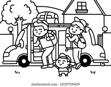 Family go to travel by car coloring pages style.