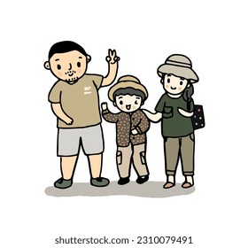 Family go to travel, dad, son and mom. Hand drawn style vector illustration