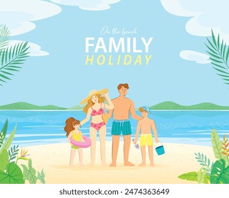 Family goes to the beach Relax on the beach on vacation, holiday travel. Vector illustration for poster and banner.